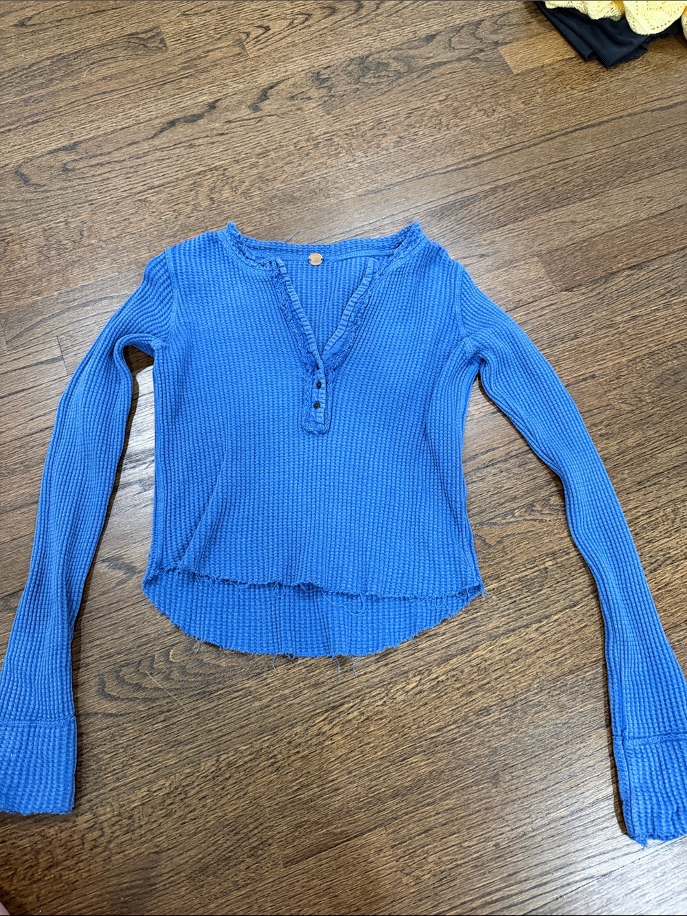 Free People Blue Waffle-Knit Long Sleeve Henley